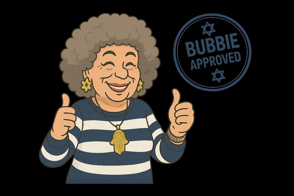 Cartoon Bubbie in a striped sweater giving two thumbs up next to the Bubbie Approved stamp
